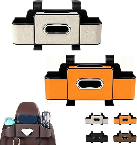 Car Organizers and Storage Box Behind Seat, Car Organizer Back of Seat, 4 in 1 Multifunctional Cars Organizer, For Snacks, Drinks, Bag Hook, Keep Tidy & Organized (White+Orange)