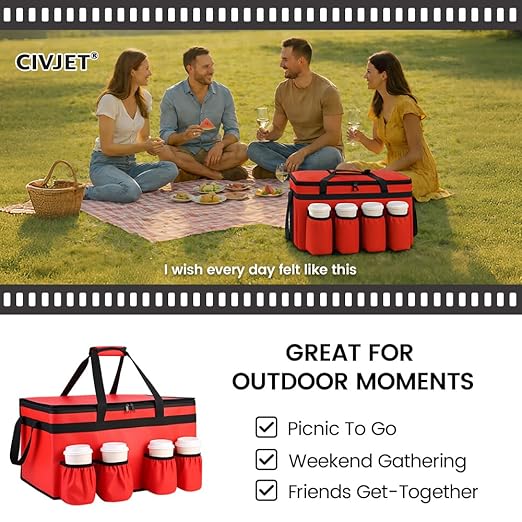 CIVJET Insulated Food Delivery Bag with 4 Cup Holders, XX-Large Insulated Grocery Bags Keep Food Hot/Cold, Cooler Bags with Drink Carrier, Food Carrier Catering Bag, Commercial Food Warmer Bag, Red