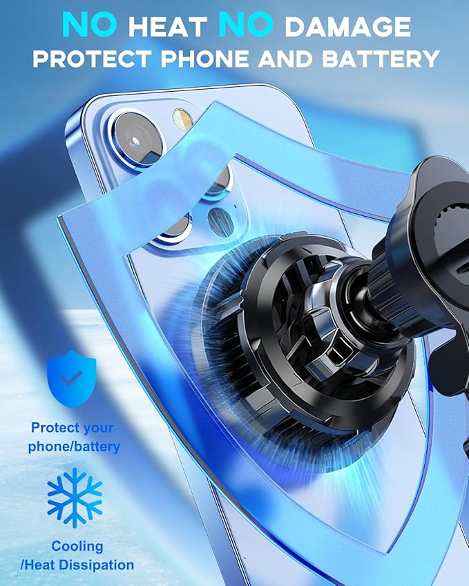 Upgraded TEC and Fan Phone Cooling Magnetic Wireless Car Charger, for MagSafe Car Charger Mount, RGB, Air Vent 15W Fast Charging Car Phone Holder for iPhone 17 16 15 14 13 12 Pro Max Air, for Samsung