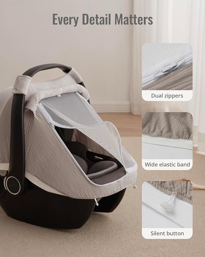 Blissful Diary Baby Car Seat Cover, Extra Large Mesh Window, Breathable Muslin Cotton, Infant Windproof Canopy, Agreeable Gray