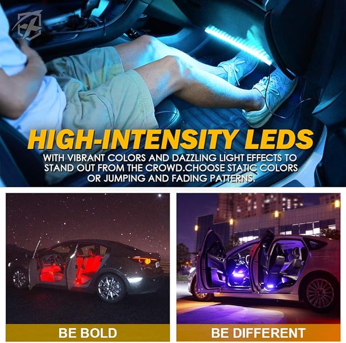 Xprite RGB LED Car Interior Bluetooth Light Strips w/Remote & Control Box, Silicone Sealed, Under Dash Footwell Lights Kit w/Cigarette Adapter for Vehicle Internal SUV Truck - 4 PCS