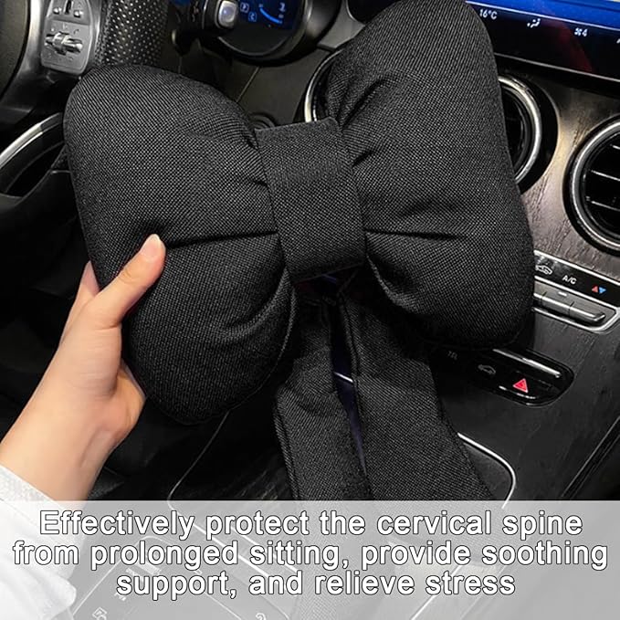 Bow Car Headrest Pillow, Breathable Memory Foam Vehicle Neck Pillow with Adjustable Strap, Ergonomic Auto Neck Support Cushion for Pain Pressure Relief, Universal for Most Cars (Black)