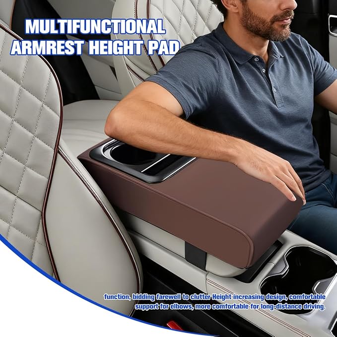 Car Center Console Armrest Pillow, Vehicle Armrest Seat Box Cushion Pad with Cup Holder & Phone Holder, Comfortable Auto Middle Console Cover, Universal for SUV RV Truck (Coffee)