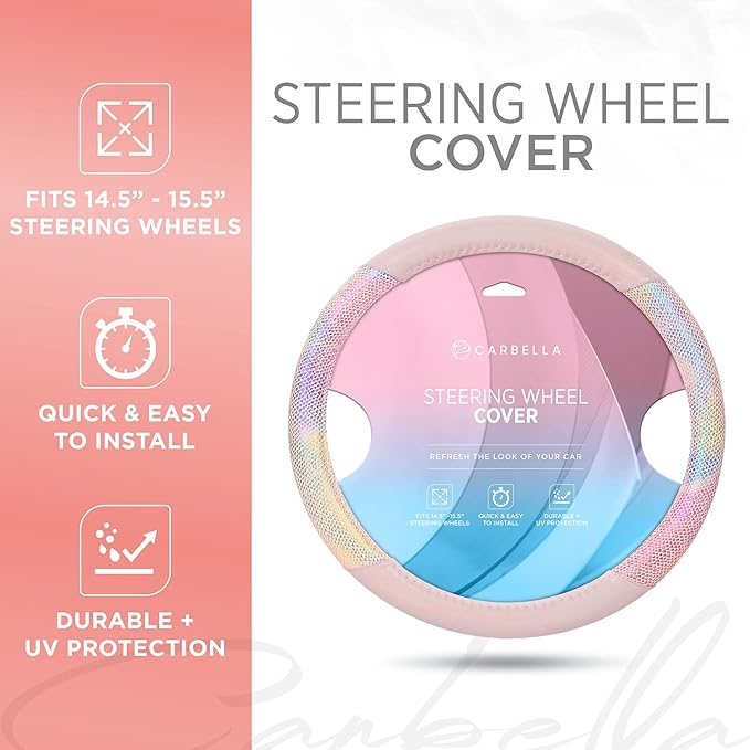 Carbella Mermaid Rainbow Steering Wheel Cover, Standard 15 Inch Size Fits Most Vehicles, Cute Shiny Multicolor Steering Cover for Car Truck Van SUV, Car Accessories for Women