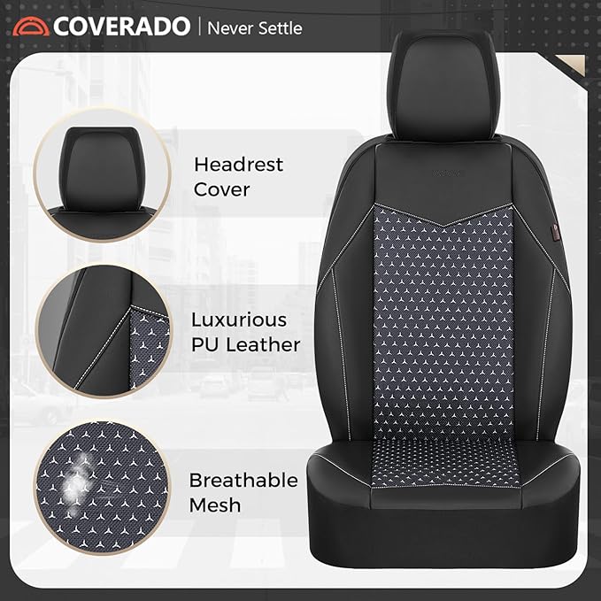 Coverado Car Seat Covers 5 Seats, PU Leather Seat Covers Fullset, Printed Breathable Mesh Design, Front and Rear Car Seat Protectors, Luxury Automotive Seat Covers Universal Fit for Most Cars, Black