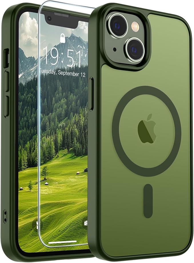SUPFINE Magnetic for iPhone 15 Plus Case & iPhone 14 Plus Case(Compatible with MagSafe)(Military Grade Drop Protection) Slim Translucent Shockproof with Anti-Fingerprint Phone Case,Cangling Green