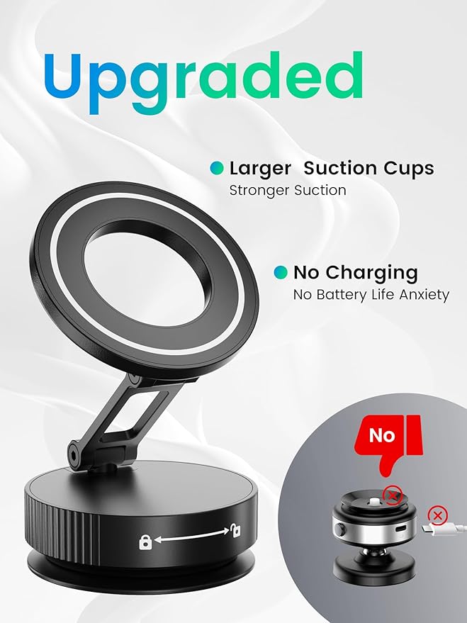 Vacuum Magnetic Phone Holder for MagSafe,Foldable Metal Suction Cup Phone Mount,360° Rotatable Phone Mount for All Smartphones & All Car Models-Black