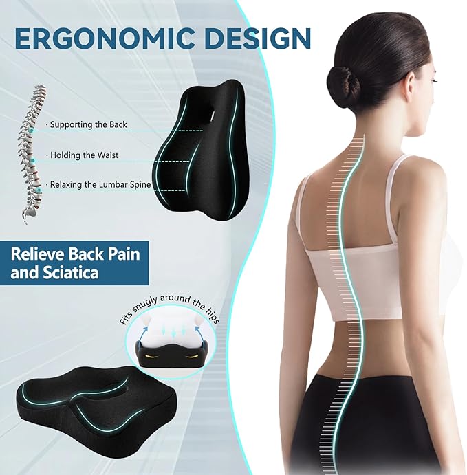 Seat Cushion & Lumbar Support Pillow Set,Memory Foam Office Chair Cushion for Tailbone Pain, Non-Slip Back Support for Car,Desk,Gaming Chair,Wheelchair, Breathable & Machine Washable