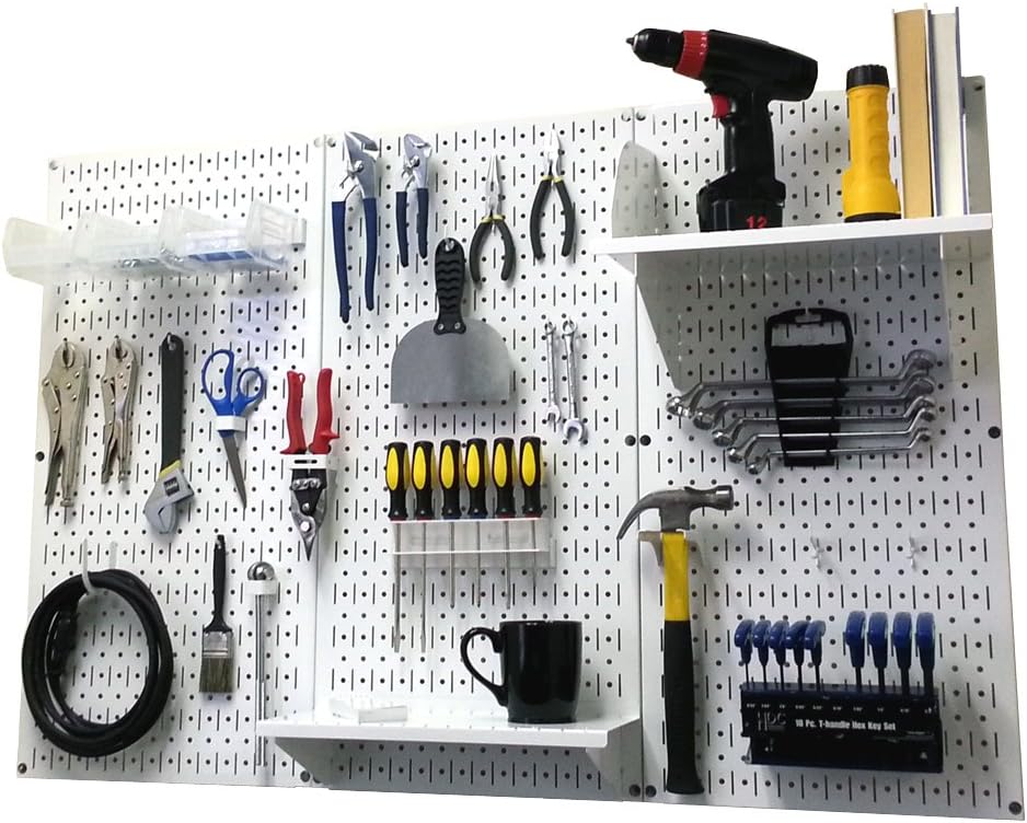 Wall Control 4 ft. Metal Pegboard Organizer - Standard Tool Storage Kit & Deluxe Hook Assortment for Slotted Tool Board - White