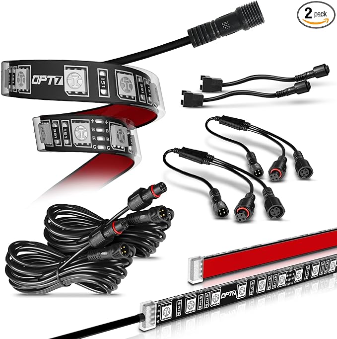 OPT7 Aura Single Row Expansion Pack - 2pc 12” RGB Multicolor LED Strips w/Splitters and Extension Wires for Interior, Wheel Well, Grille, Golf Cart, Car, Boat Underglow Lights