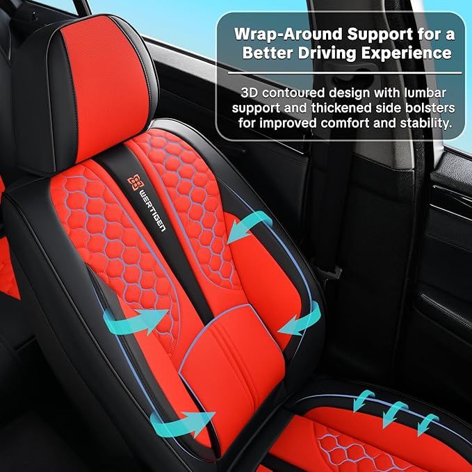 Red Car Seat Covers Full Set – Luxury Waterproof Leather Auto Seat Protector with Airbag Compatible Design, Breathable Non-Slip Cushion, Easy Installation, Fits Most Cars