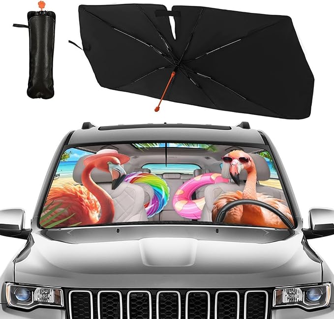 Funny Flamingo Driving Car Windshield Sunshade Umbrella Funny Flamingos Sun Shade for Car Windshield Umbrella Upgraded Sunshades Blocks UV & Heat Front Window Shades for SUV Sedan Auto