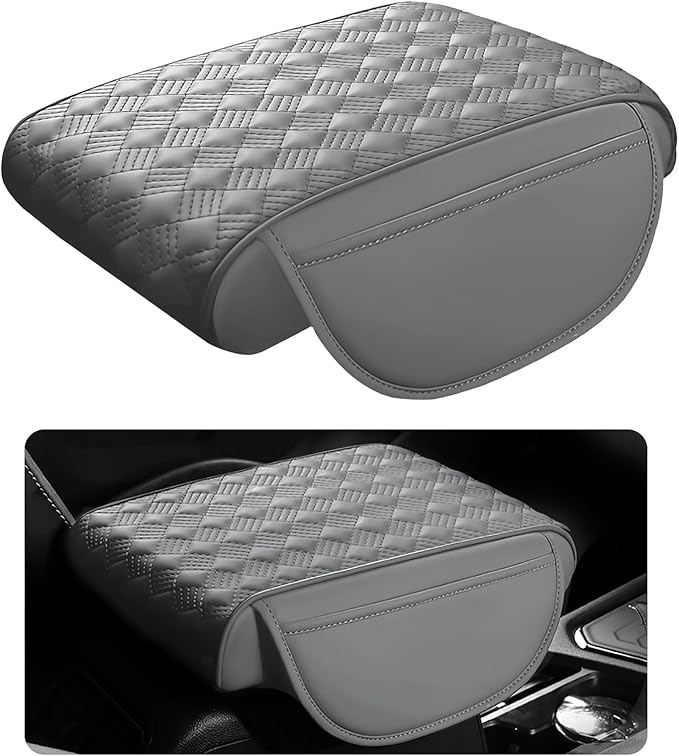 Car Armrest Cushion, 12.2"×8.3" Leather Auto Memory Foam Center Console Pad with Storage Pocket, Waterproof & Anti-Scratch Elbow Pillow Armrest Seat Box Protector, Universal Fit (Gray)