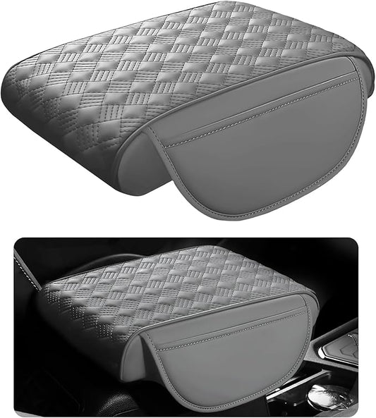 Car Armrest Cushion, 12.2"×8.3" Leather Auto Memory Foam Center Console Pad with Storage Pocket, Waterproof & Anti-Scratch Elbow Pillow Armrest Seat Box Protector, Universal Fit (Gray)