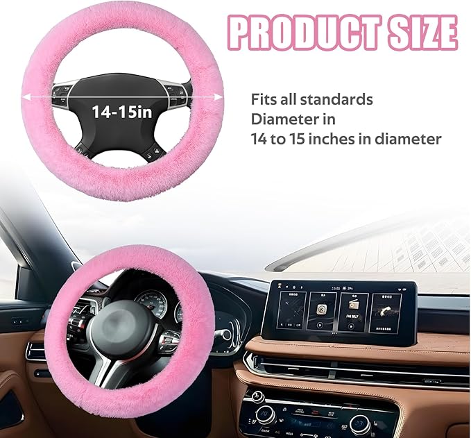 Wuyaoyao Fuzzy Car Steering Wheel Cover, 15'' Soft Auto Steering Wheel Protector for Warm Winter, Elastic Anti-Slip Fluffy Wheel Covers, Universal Car Accessories for Women and Men (Pink)