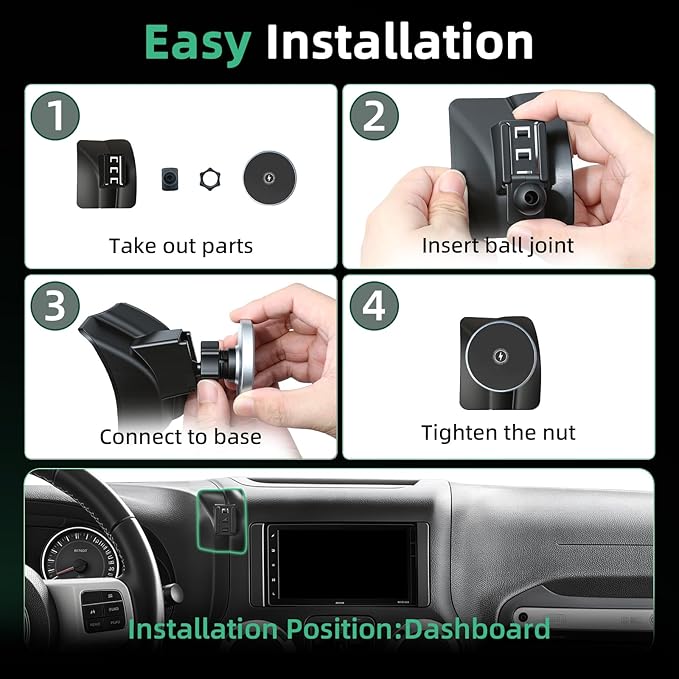 Car Phone Holder for Jeep Wrangler (2011-2016 2017),Magsafe Car Mount Charger,Magnetic Phone Holder,15W Wireless Charging,Dashboard Phone Holder,360° & Hands Free,2015 Wrangler Interior Accessories