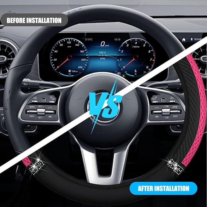 Bling Car Steering Wheel Cover, 15 Inch Elastic Stretch Crystal Rhinestone Vehicle Steering Wheel Protector, Anti-Slip Auto Interior Protective Cover, Universal for SUV RV Truck (Pink)