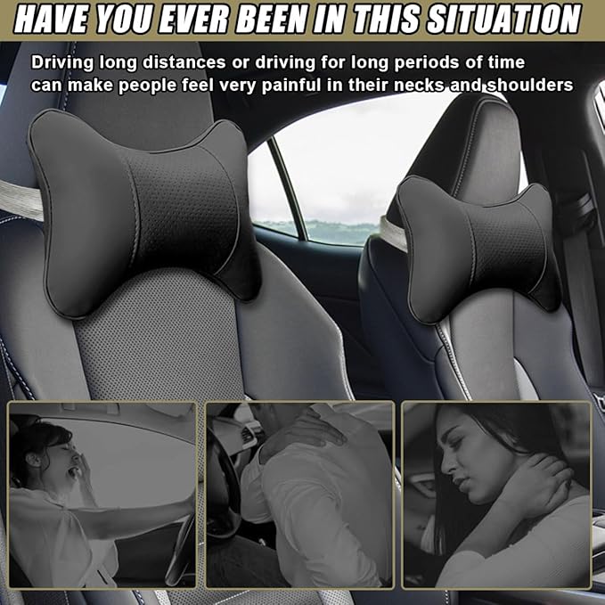 2PCS Car Neck Pillow, PU Leather Headrest Cushion with Adjustable Strap, Ergonomic Soft Headrest Pillow, Universal Multi-Function Auto Lumbar Support Accessories for Pressure Relief (Black)