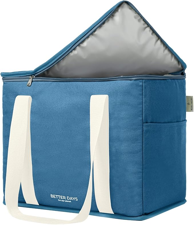 Nook Theory Reusable Insulated Grocery Bag - Leak Proof, X Large Cooler Bag - Insulated Shopping Bags for Groceries - Travel Cooler Bag for Frozen and Hot Food with Zippered Top (Ocean)