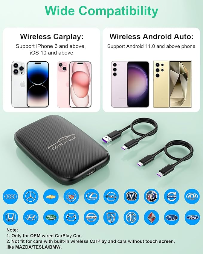 5-in-1 Wireless Android Auto & Carplay Adapter, Wireless CarPlay Adapter Support Netflix/YouTube/TF, USB-A/USB-C Cables, Convert Wired to Wireles Apple Dongle, Magic Video Box Car Play for iPhone