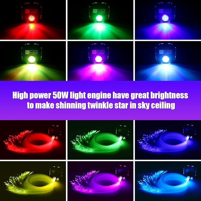 AZIMOM High Brightness 50W Twinkle Fiber Optic Light Source RGBW Light Box Engine Diver Bluetooth/RF Remote Control Music Sensor Mode for Car Home Star Ceiling Light Effect Decoration