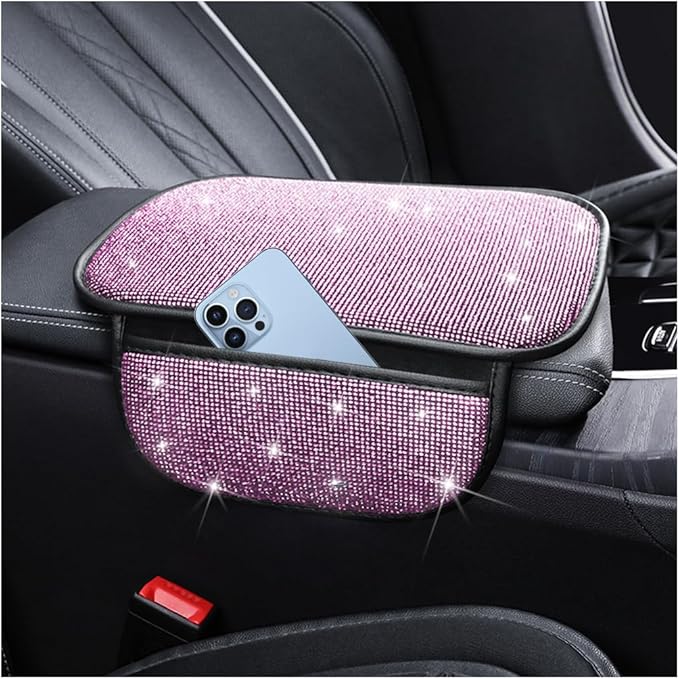 Bling Car Center Console Cover, Crystal Rhinestone Vehicle Armrest Cover Cushion with 2 Storage Bags for Women Girls, Diamond Auto Storage Box Protector Pad, Universal Fit (Pink)