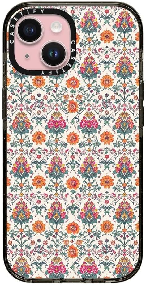 CASETiFY Impact iPhone 15 Case [Slim/Compatible with Magsafe / 8.2 ft. 4X Military Grade Drop Protection] - Persian Floral - Orange - Clear Black