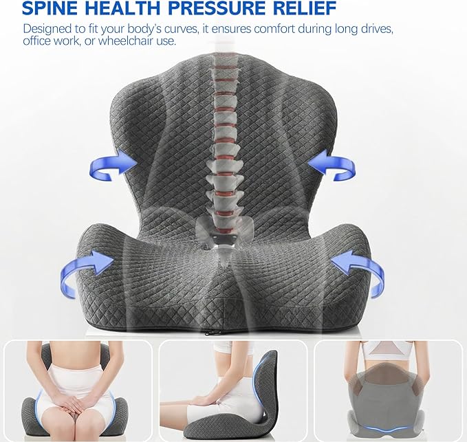 Office Chair Cushion for Tailbone & Back Pain Relief, Strong Lumbar Support Ergonomic Cushions, Comfortable Memory Foam Cushion for Pain Relief, Suitable for Office Chairs, Home Chairs, Car