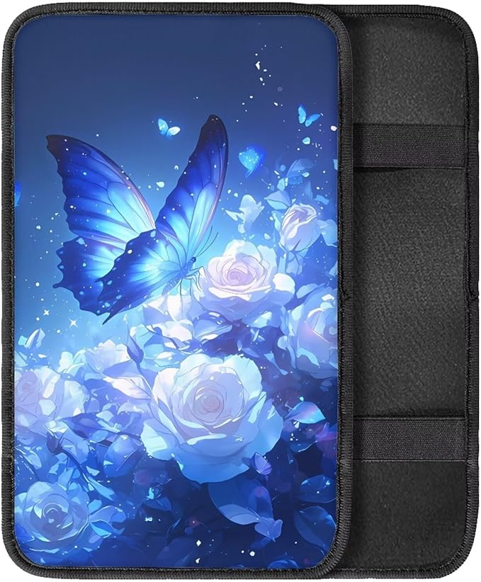 Blue Flower Butterfly Universal Center Console Armrest Soft Pad Protector Cover Non Slip Fits for Most Vehicle,SUV,Truck Car Christmas Decoration