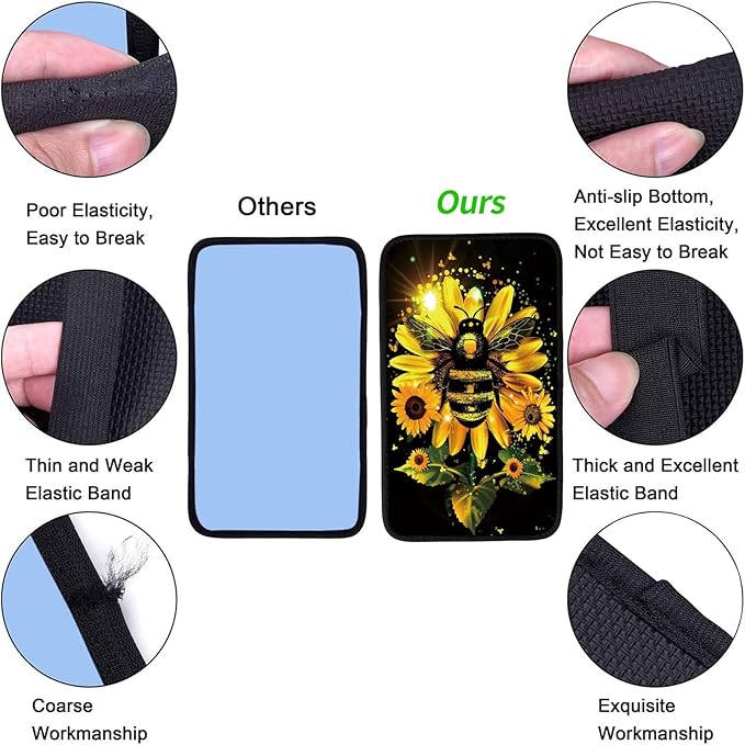Car Armrest Cover Pads Universal Fashion Cute Auto Center Console Armrest Cover Pad with 2PCS Car Coasters Soft Waterproof Seat Protector for Women, Sunflower Bee