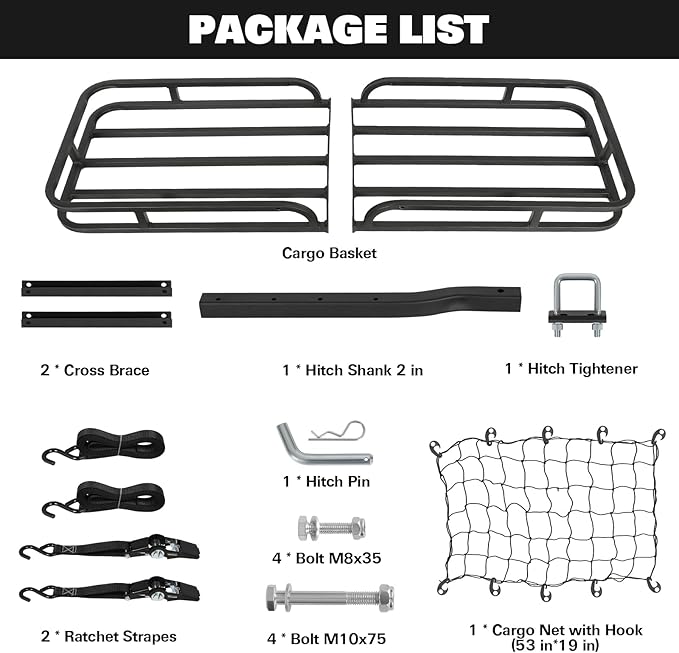 WEIZE 53 x 19 x 4-1/8 Inch Hitch Cargo Carrier, 500 lbs Capacity Steel Hitch Cargo Rack Basket with Net, Strap, Tightener for Car SUV Truck Traveling Camping, 2" Receiver