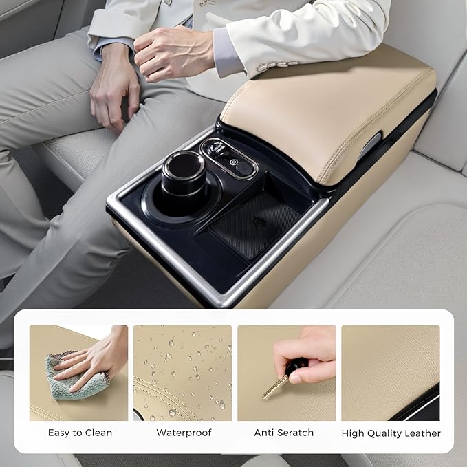 Coverado Universal Car Center Console with Wireless Charging & Cup Holder, Back Seat Organizers, Rear Bench Seat Central Armrest Box with Storage, for Most Vehicles, Easy Install, Beige