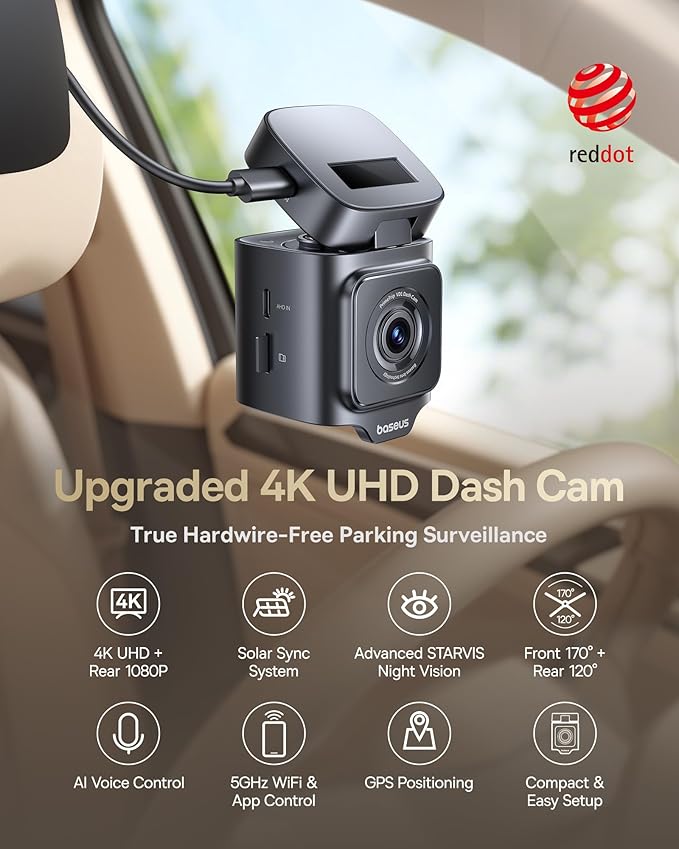 Baseus VD1 Pro Solar Dash Cam Front and Rear, 4K+1080P Dash Camera for Cars, Battery Powered Parking Mode, Starvis Night Vision, 32 GB Card Included, 5GHz WiFi, GPS, Wide Angle,Voice Control