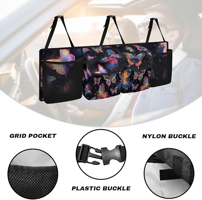 Colorful Butterfly Car Trunk Organizer with 4 Storage Bags Hanging Waterproof Car Back Seat Organizer for SUV,Truck,Van Collapsible Cargo Bag