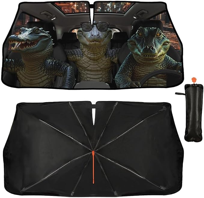 CHILL·TEK Funny Animal Car Windshield Sun Shade Umbrella, Funny Crocodile Car Sun Shade Umbrella, Block UV Rays Heat Foldable Windshield Umbrella Sun Visor Protector - Keep Vehicle Cool for Cars SUV