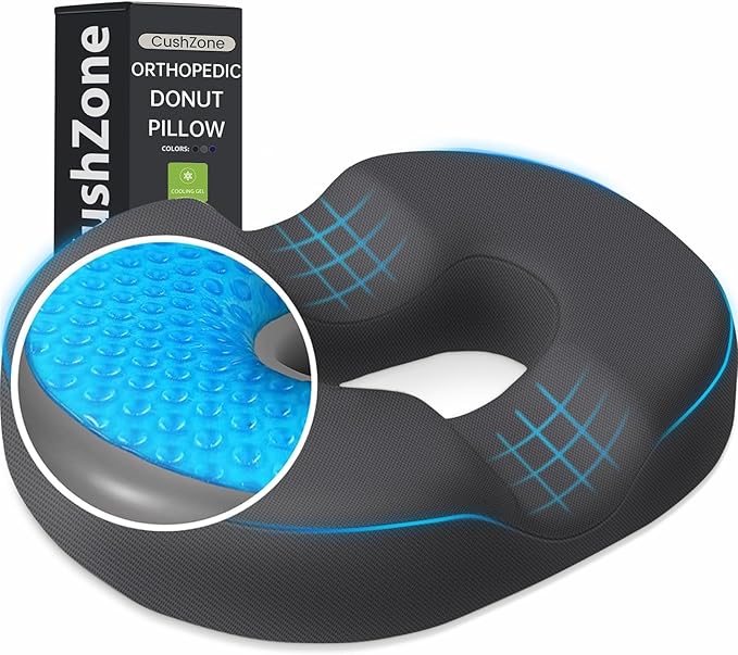Donut Pillow Seat Cushion - Cooling Gel Outdoor Chair Cushions, Memory Foam Seat Cushion for Office & Home, Car Seat and Patio Furniture Cushions, Hemorrhoids Pillow and Tailbone Pain Relief, Grey