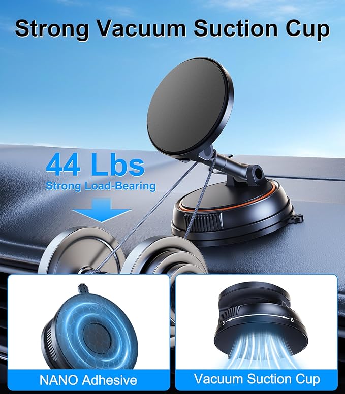 Magnetic Wireless Car Mount Charger Fast Charging, 360°Rotating Dashboard/Windshield Vacuum Suction Cup Phone Holders for Your Car, Car Accessories for iPhone 16 15 14 Pro Max Samsung Tesla