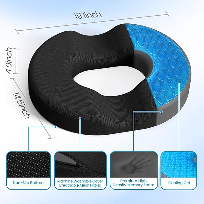 Donut Pillow Seat Cushion - Cooling Gel Outdoor Chair Cushions, Memory Foam Seat Cushion for Office & Home, Car Seat and Patio Furniture Cushions, Hemorrhoids Pillow and Tailbone Pain Relief, Black