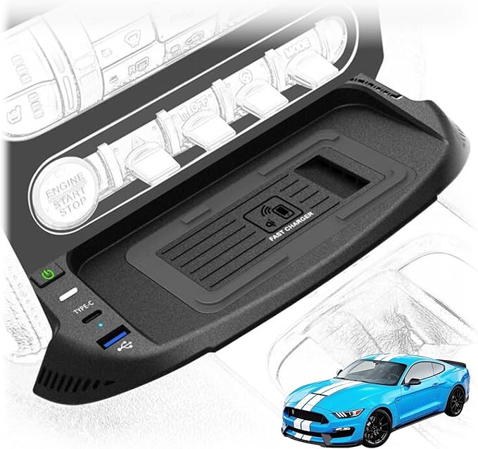 Car Wireless Charger for Ford Mustang 2015-2022, 15W Center Console Wireless Charging Tray Qi Wireless Charging Station with USB Port
