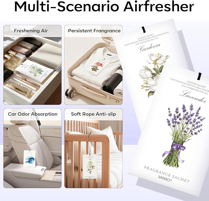MYARO 12 Pack Assorted Floral Scented Sachets - Lavender, Rose, Jasmine, Ocean, Gardenia & Lily | Drawer, Closet & Car Air Freshener Bags | Multi-Scent Home Fragrance Gift Set