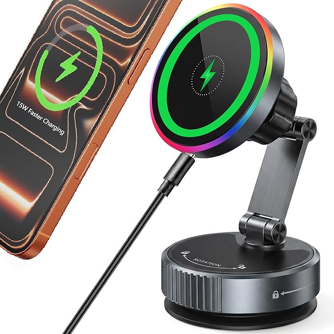 for MagSafe Car Mount Charger, 15W Wireless Car Charger Mount, Vacuum Suction Cup Magnetic Car Phone Holder for iPhone & Android, 360° Adjustable Car Phone Mount for Dashboard & Windshield