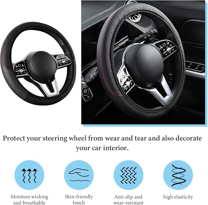 Car Steering Wheel Cover, 15 Inch Anti-Slip Stretch Leather Steering Wheel Protector, Comfortable Breathable Sporty Steering Wheel Cover for Women Men, Car Accessories (Black, AD)