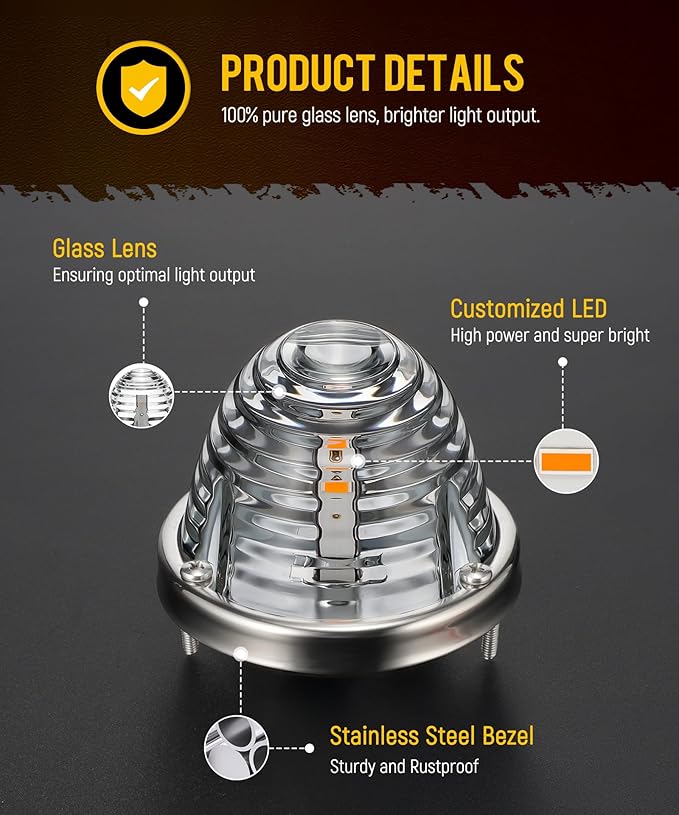 Partsam 2Pcs Clear Glass Lens Amber LED Watermelon Lights, Round Shape Light Watermelon Underglow Lights Turn Signal for Semi Truck Pickup, Compatible with Freightliner Kenworth Peterbilt