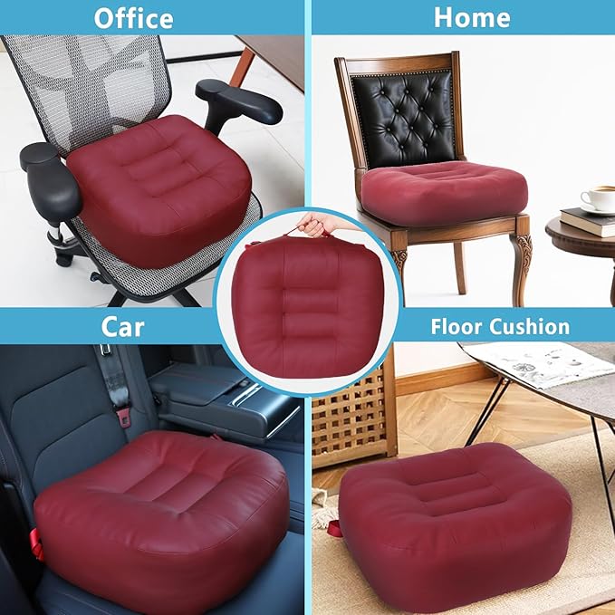 YOUFI Super Thicken Leather Car Seat Cushion for Adults - Portable Angle Lift Seat Pad with Breathable Cover, Handle, and Buckle - Ideal for Trucks, SUVs, and Office Chairs (Red)