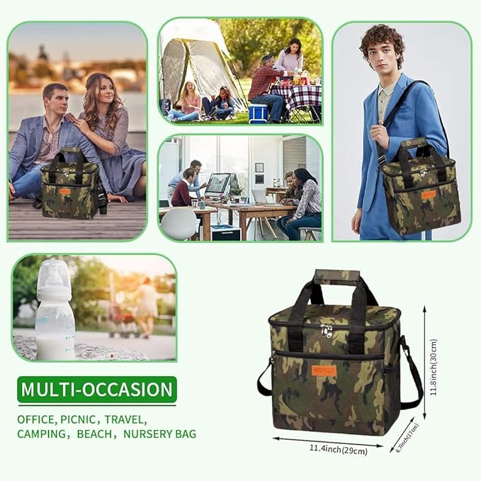 Iknoe Large Cooler Bag Collapsible 24 Can Insulated Bags Leakproof Lunch Cooler Tote with Multi-Pockets for Adult Insulated Thermal Bag for Beach, Picnic, Office Work(Camo)
