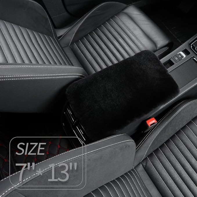 Sheepskin Armrest Cover Auto Center Armrest Cover Car Soft Console Pad, Fluffy Wool Auto Center Console Cover for Most Car Arm Rest Decoration Protector 7 x 13 Inch (Shearling, Black)