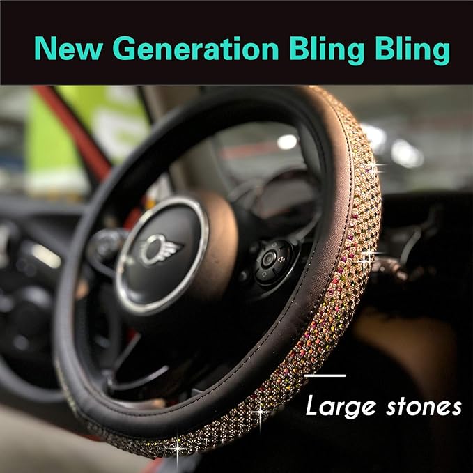 PINCTROT Large Size Bling Comfy Steering Wheel Cover with Jumbo Crystal Rhinestones, Anti-Slip Diamond Leather, 15.5-15.75 Inch (Colorful)