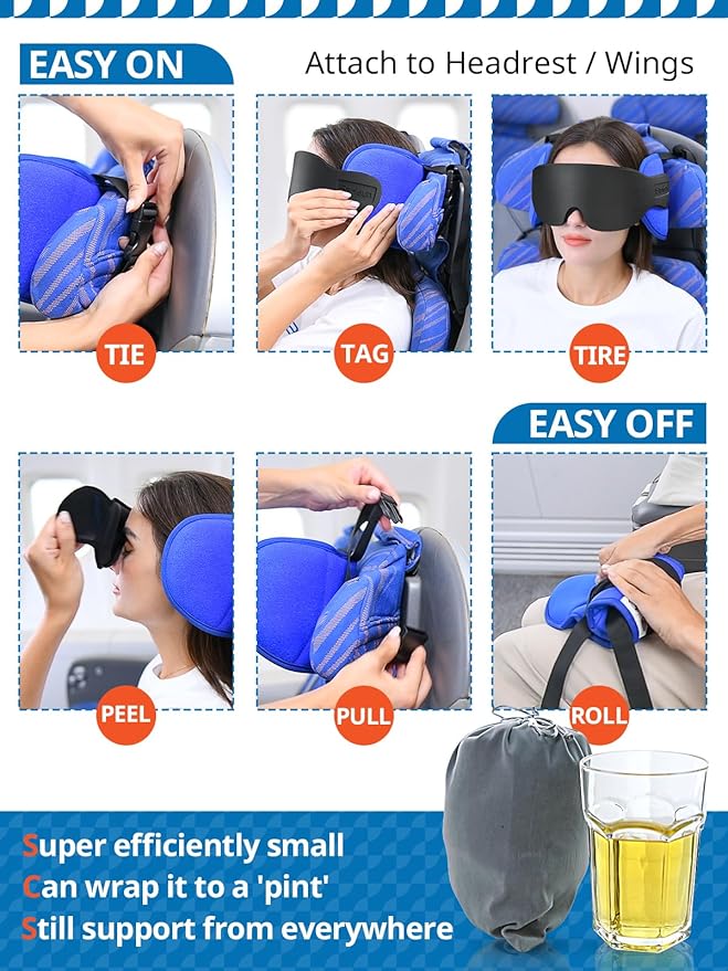 Travel Pillows for Airplanes, Airplane Pillow with Eye Mask for Long Flight, Airplane Head Strap for Sleeping, 360° Support Headrest for Car Trip, Stop Bobblehead Travel Essential, Dark Brown