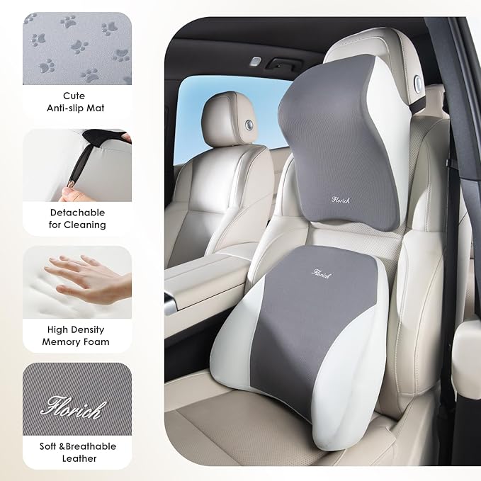 FLORICH Lumbar Support and Car Neck Pillow, Back Support and Headrest Pillow for Car Seat Driver, Memory Foam Back Neck Support Pillow and Car Seat Lumbar Support for Car Office Chair - Gray