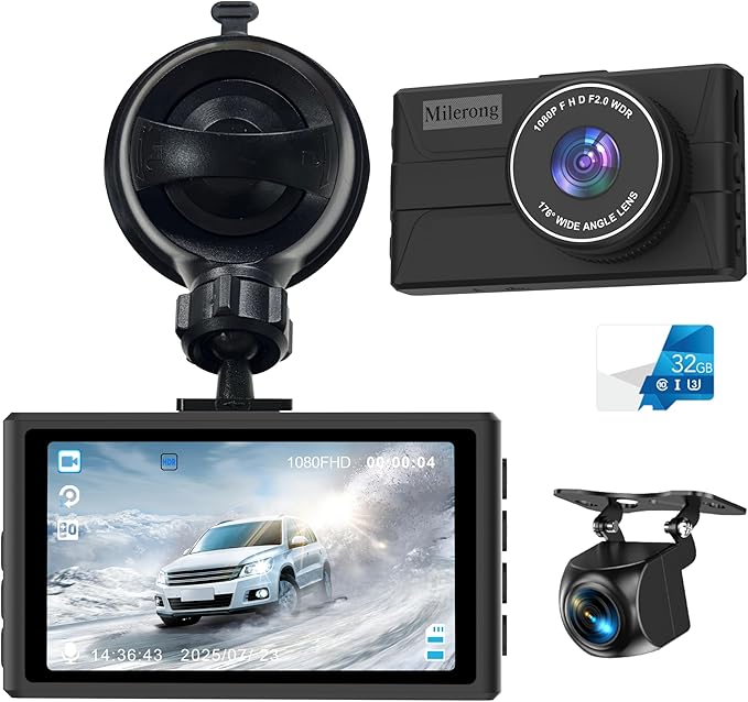 Dash Cam Front and Rear, 1080P Dual Dash Camera for Cars with 32G SD Card, 24 Hours Parking Monitor, Night Vision, Loop Recording, G-Sensor, 3'' IPS Screen, 170°Wide Angle